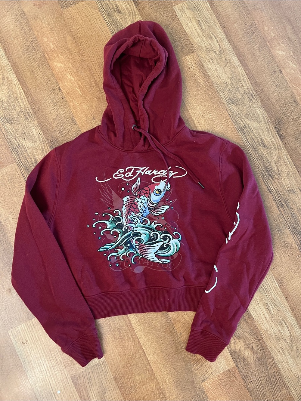 Ed Hardy Maroon Koi Graphic Crewneck Hoodie